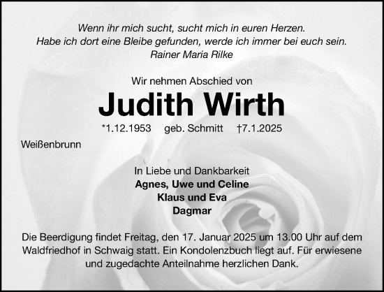 Traueranzeige von Judith Wirth von Gesamtausgabe Nürnberger Nachrichten/ Nürnberger Ztg.