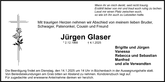 Traueranzeige von Jürgen Glaser von Roth-Hilpoltsteiner Volkszeitung Lokal