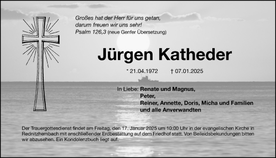 Traueranzeige von Jürgen Katheder von Gesamtausgabe Nürnberger Nachrichten/ Nürnberger Ztg./ Schwabach