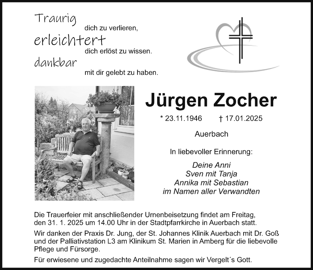  Traueranzeige für Jürgen Zocher vom 25.01.2025 aus Nordbayerische Nachrichten Pegnitz Lokal