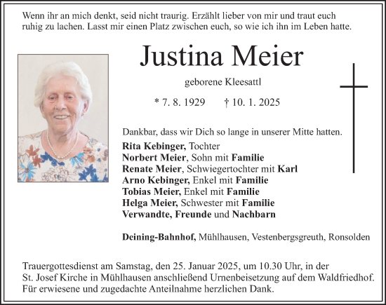 Traueranzeige von Justina Meier von Neumarkter Nachrichten Lokal