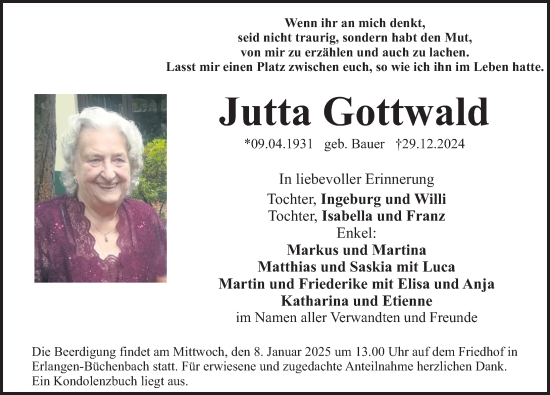 Traueranzeige von Jutta Gottwald von Erlanger Nachrichten Lokal