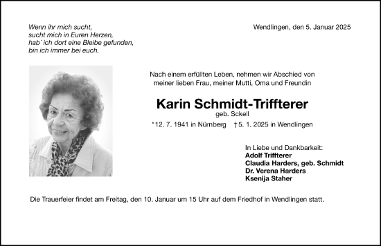 Traueranzeige von Karin Schmidt-Triffterer von Gesamtausgabe Nürnberger Nachrichten/ Nürnberger Ztg.