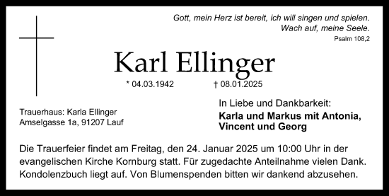 Traueranzeige von Karl Ellinger von Gesamtausgabe Nürnberger Nachrichten/ Nürnberger Ztg.