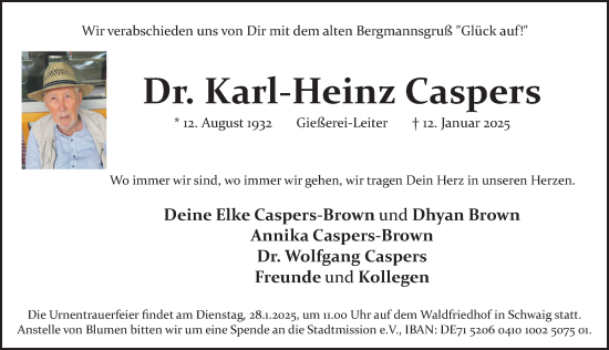 Traueranzeige von Karl-Heinz Caspers von Gesamtausgabe Nürnberger Nachrichten/ Nürnberger Ztg.