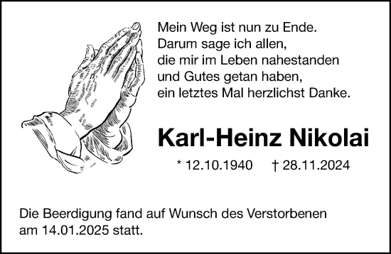 Traueranzeige von Karl-Heinz Nikolai von Gesamtausgabe Nürnberger Nachrichten/ Nürnberger Ztg.