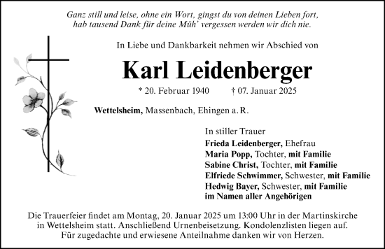 Traueranzeige von Karl Leidenberger von HWT,HAB