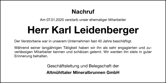 Traueranzeige von Karl Leidenberger von Altmühl-Bote Lokal/ Weißenburger Tagblatt