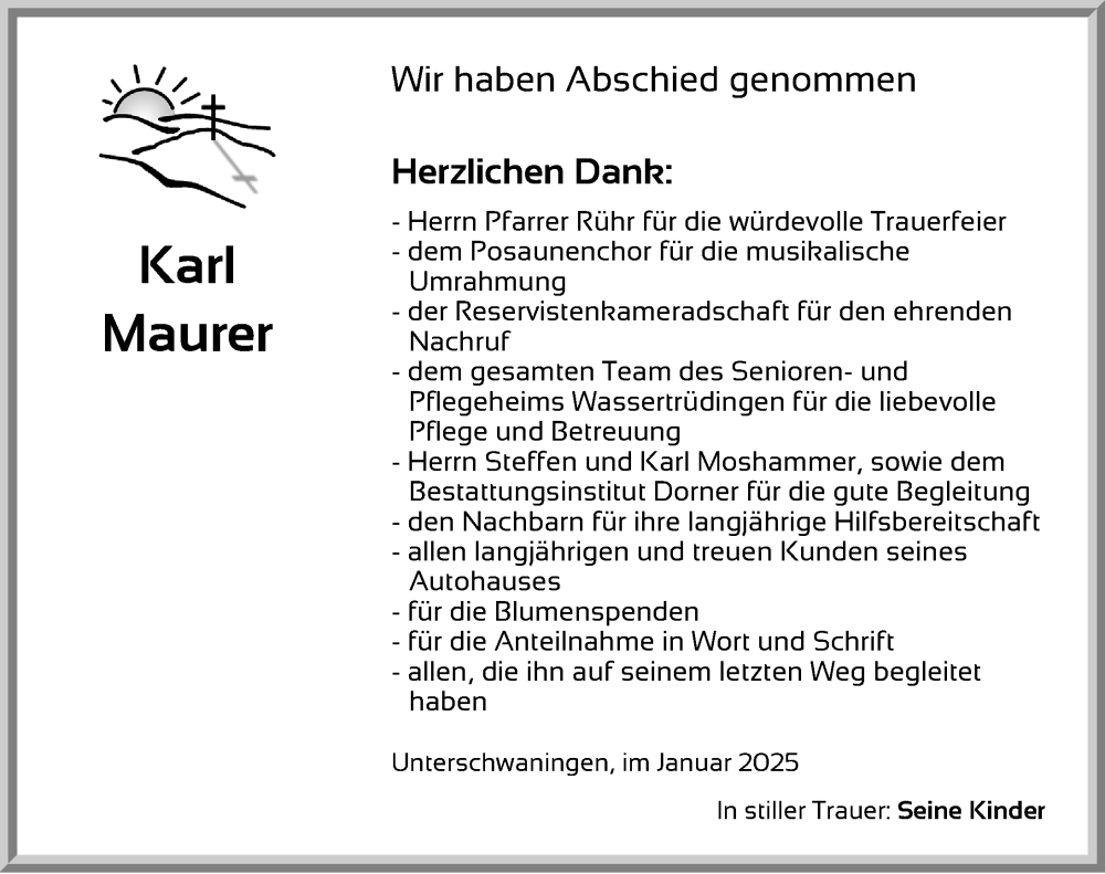  Traueranzeige für Karl Maurer vom 25.01.2025 aus Altmühl-Bote Lokal