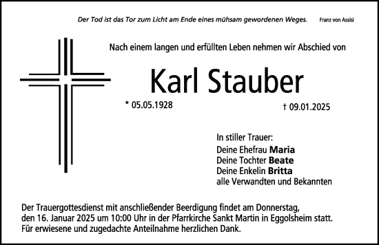 Traueranzeige von Karl Stauber von Nordbayerische Nachrichten Forchheim Lokal