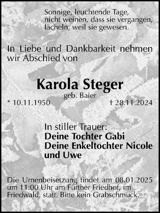 Traueranzeige von Karola Steger von Fürther Nachrichten Lokal