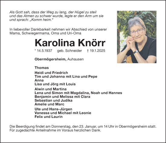 Traueranzeige von Karolina Knörr von Altmühl-Bote Lokal