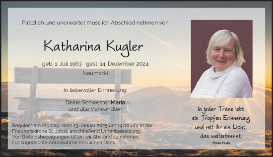 Traueranzeige von Katharina Kugler von Neumarkter Nachrichten Lokal