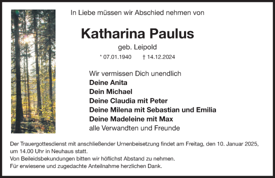 Traueranzeige von Katharina Paulus von Nordbayerische Nachrichten Herzogenaurach Lokal