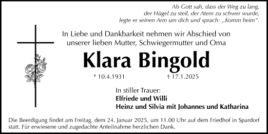 Traueranzeige von Klara Bingold von Erlanger Nachrichten Lokal