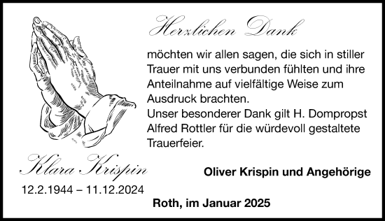 Traueranzeige von Klara Krispin von Roth-Hilpoltsteiner Volkszeitung Lokal