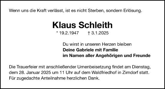 Traueranzeige von Klaus Schleith von Fürther Nachrichten Lokal