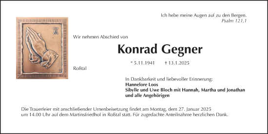 Traueranzeige von Konrad Gegner von Fürther Nachrichten Lokal