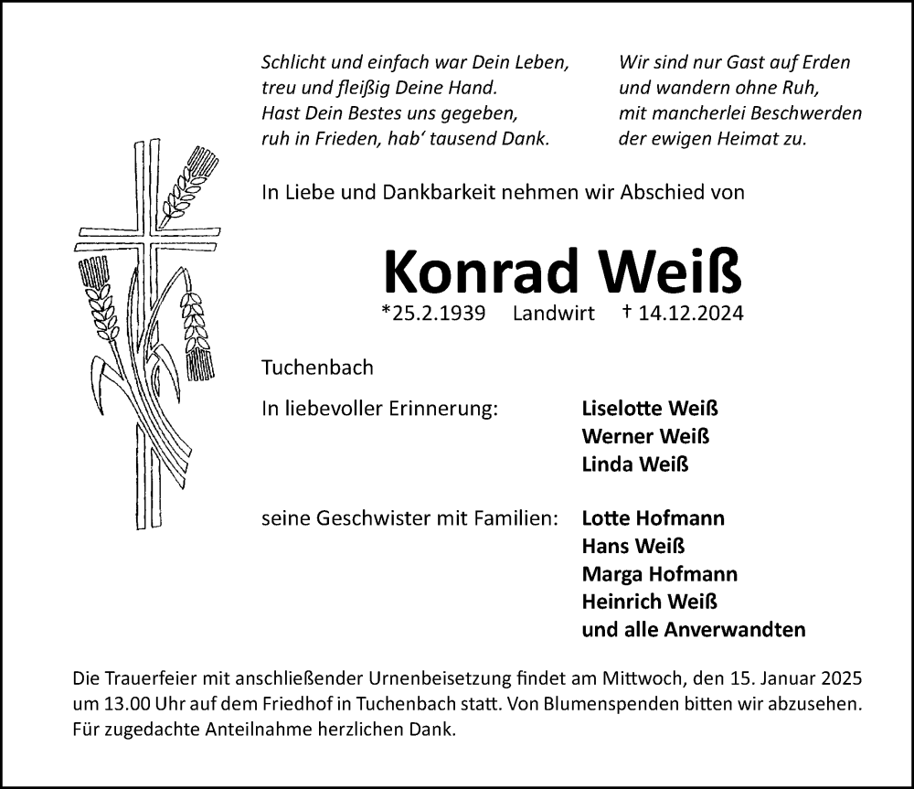  Traueranzeige für Konrad Weiß vom 11.01.2025 aus Fürther Nachrichten Lokal