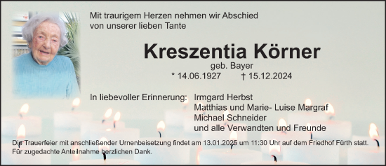 Traueranzeige von Kreszentia Körner von Gesamtausgabe Nürnberger Nachrichten/ Nürnberger Ztg.