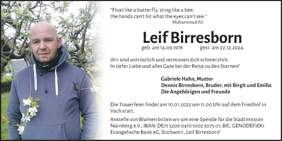 Traueranzeige von Leif Birresborn von Fürther Nachrichten Lokal