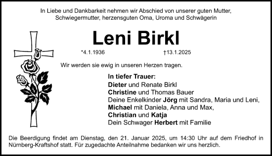 Traueranzeige von Leni Birkl von Gesamtausgabe Nürnberger Nachrichten/ Nürnberger Ztg.