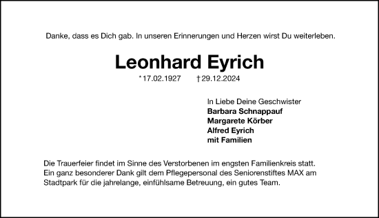 Traueranzeige von Leonhard Eyrich von Gesamtausgabe Nürnberger Nachrichten/ Nürnberger Ztg.