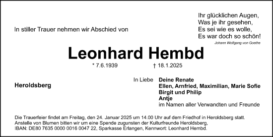 Traueranzeige von Leonhard Hembd von Gesamtausgabe Nürnberger Nachrichten/ Nürnberger Ztg.