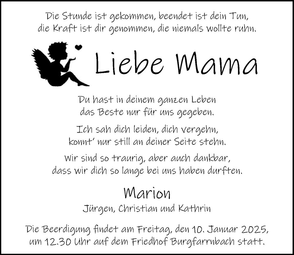  Traueranzeige für Liebe Mama  vom 04.01.2025 aus Fürther Nachrichten Lokal