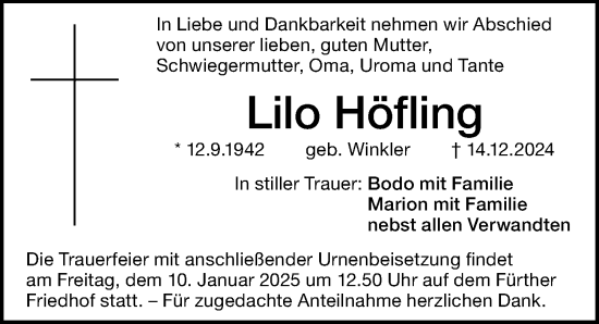 Traueranzeige von Lilo Höfling von Fürther Nachrichten Lokal