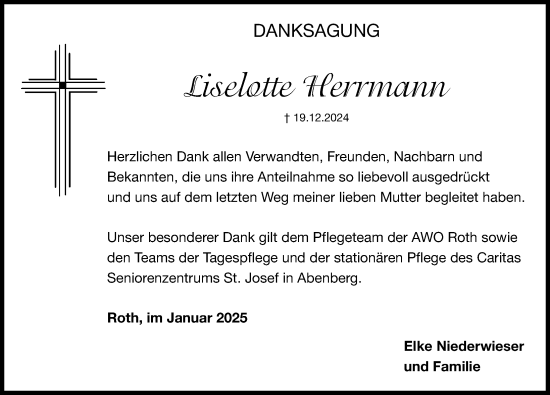 Traueranzeige von Liselotte Herrmann von Roth-Hilpoltsteiner Volkszeitung Lokal