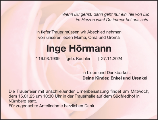 Traueranzeige von Inge Hörmann von Gesamtausgabe Nürnberger Nachrichten/ Nürnberger Ztg.