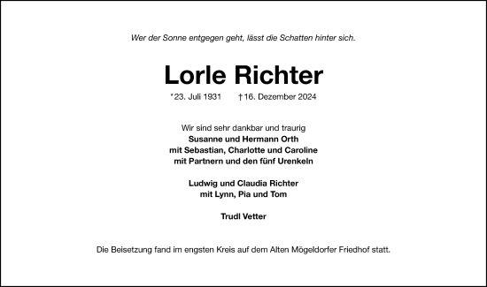 Traueranzeige von Lorle Richter von Gesamtausgabe Nürnberger Nachrichten/ Nürnberger Ztg.