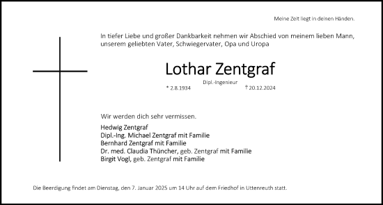 Traueranzeige von Lothar Zentgraf von Erlanger Nachrichten Lokal