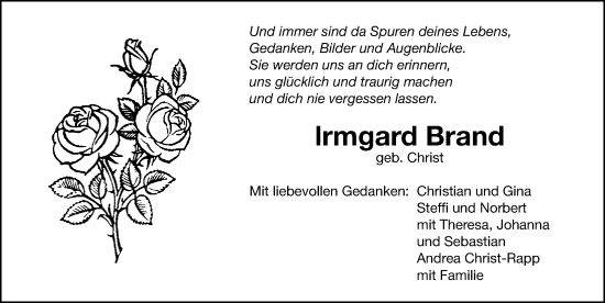 Traueranzeige von Irmgard Brand von Gesamtausgabe Nürnberger Nachrichten/ Nürnberger Ztg.