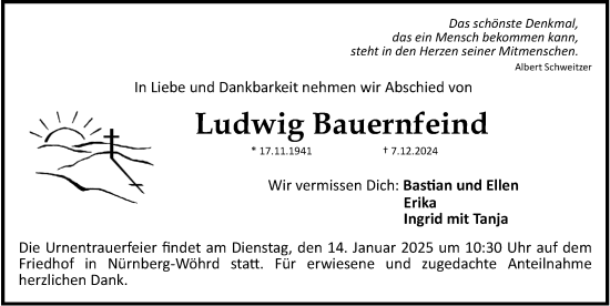 Traueranzeige von Ludwig Bauernfeind von Gesamtausgabe Nürnberger Nachrichten/ Nürnberger Ztg.