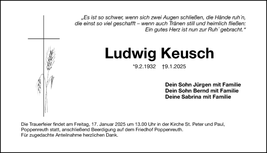 Traueranzeige von Ludwig Keusch von Gesamtausgabe Nürnberger Nachrichten/ Nürnberger Ztg.