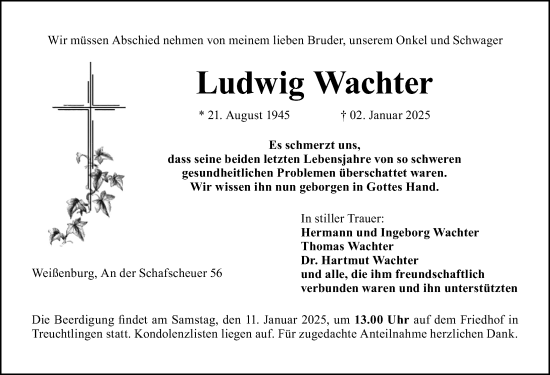 Traueranzeige von Ludwig Wachter von Weißenburger Tagblatt u.Treuchtlinger Kurier Lokal