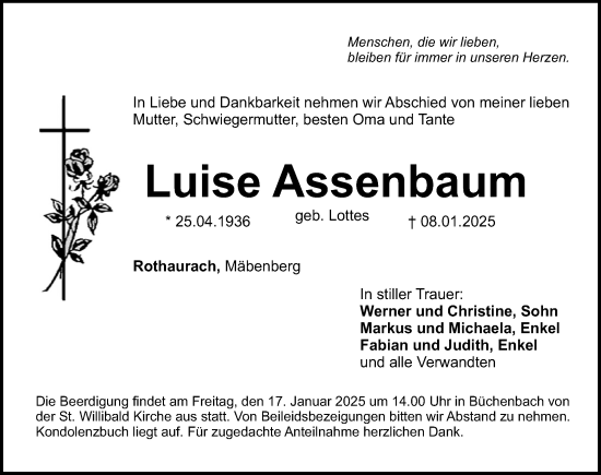 Traueranzeige von Luise Assenbaum von Roth-Hilpoltsteiner Volkszeitung Lokal