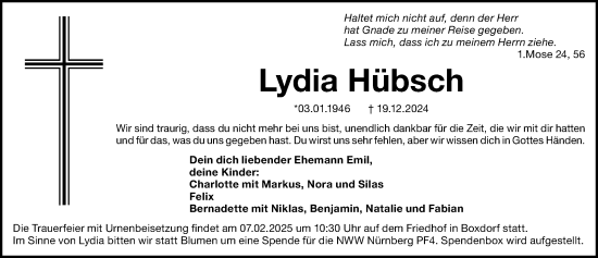 Traueranzeige von Lydia Hübsch von Gesamtausgabe Nürnberger Nachrichten/ Nürnberger Ztg.