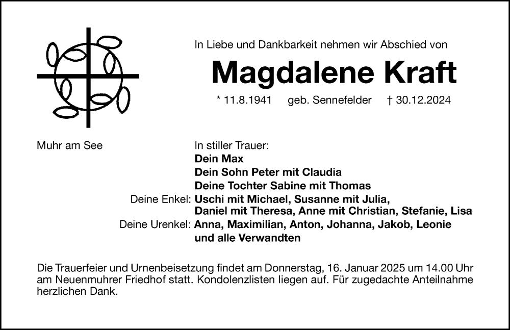  Traueranzeige für Magdalene Kraft vom 13.01.2025 aus Altmühl-Bote Lokal