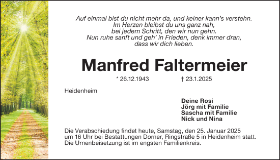 Traueranzeige von Manfred Faltermeier von Altmühl-Bote Lokal