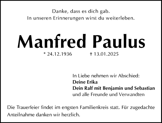 Traueranzeige von Manfred Paulus von Gesamtausgabe Nürnberger Nachrichten/ Nürnberger Ztg.