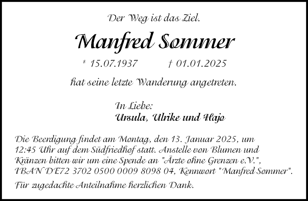  Traueranzeige für Manfred Sommer vom 04.01.2025 aus Gesamtausgabe Nürnberger Nachrichten/ Nürnberger Ztg.