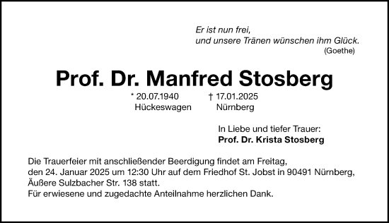 Traueranzeige von Manfred Stosberg von Gesamtausgabe Nürnberger Nachrichten/ Nürnberger Ztg.