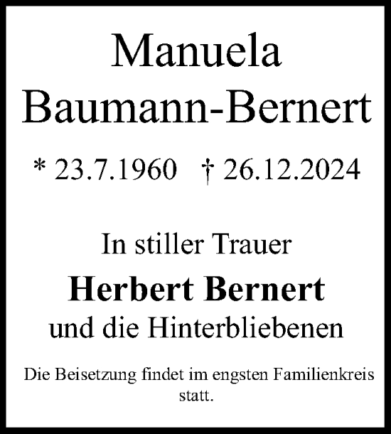 Traueranzeige von Manuela Baumann-Bernert von Gesamtausgabe Nürnberger Nachrichten/ Nürnberger Ztg.