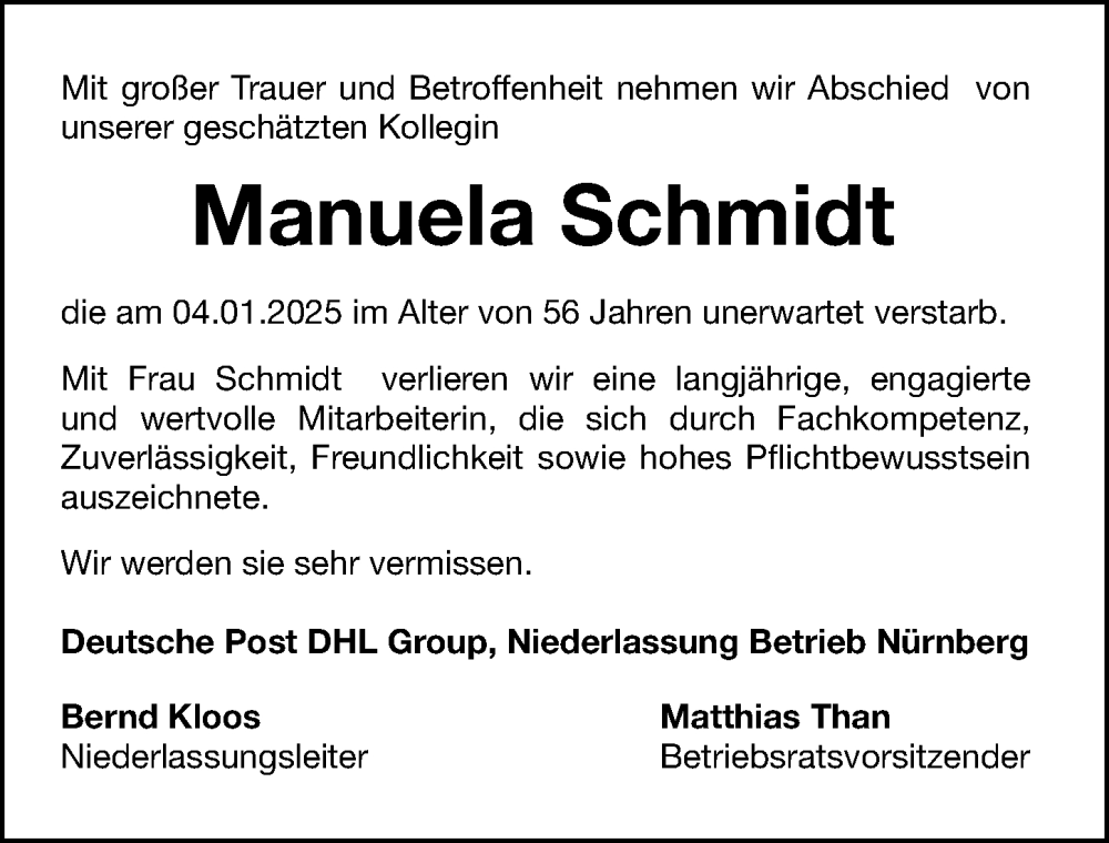  Traueranzeige für Manuela Schmidt vom 18.01.2025 aus Gesamtausgabe Nürnberger Nachrichten/ Nürnberger Ztg.