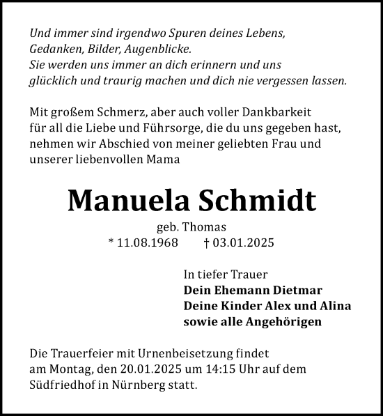 Traueranzeige von Manuela Schmidt von Gesamtausgabe Nürnberger Nachrichten/ Nürnberger Ztg.