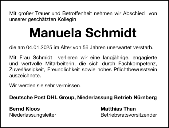 Traueranzeige von Manuela Schmidt von Gesamtausgabe Nürnberger Nachrichten/ Nürnberger Ztg.