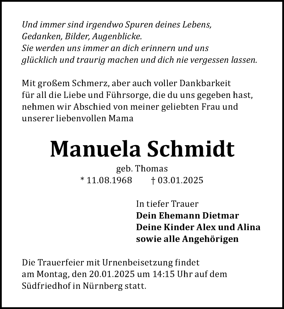  Traueranzeige für Manuela Schmidt vom 17.01.2025 aus Gesamtausgabe Nürnberger Nachrichten/ Nürnberger Ztg.